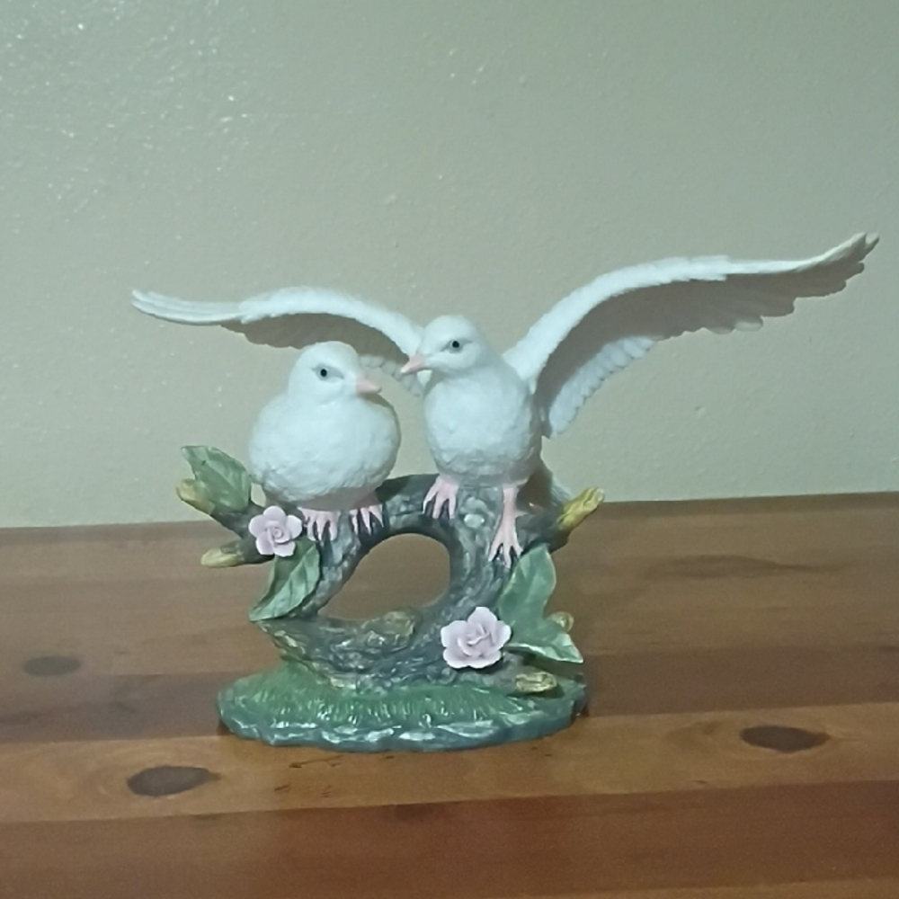White Ceramic Bird Figurine Pair on Floral Base
